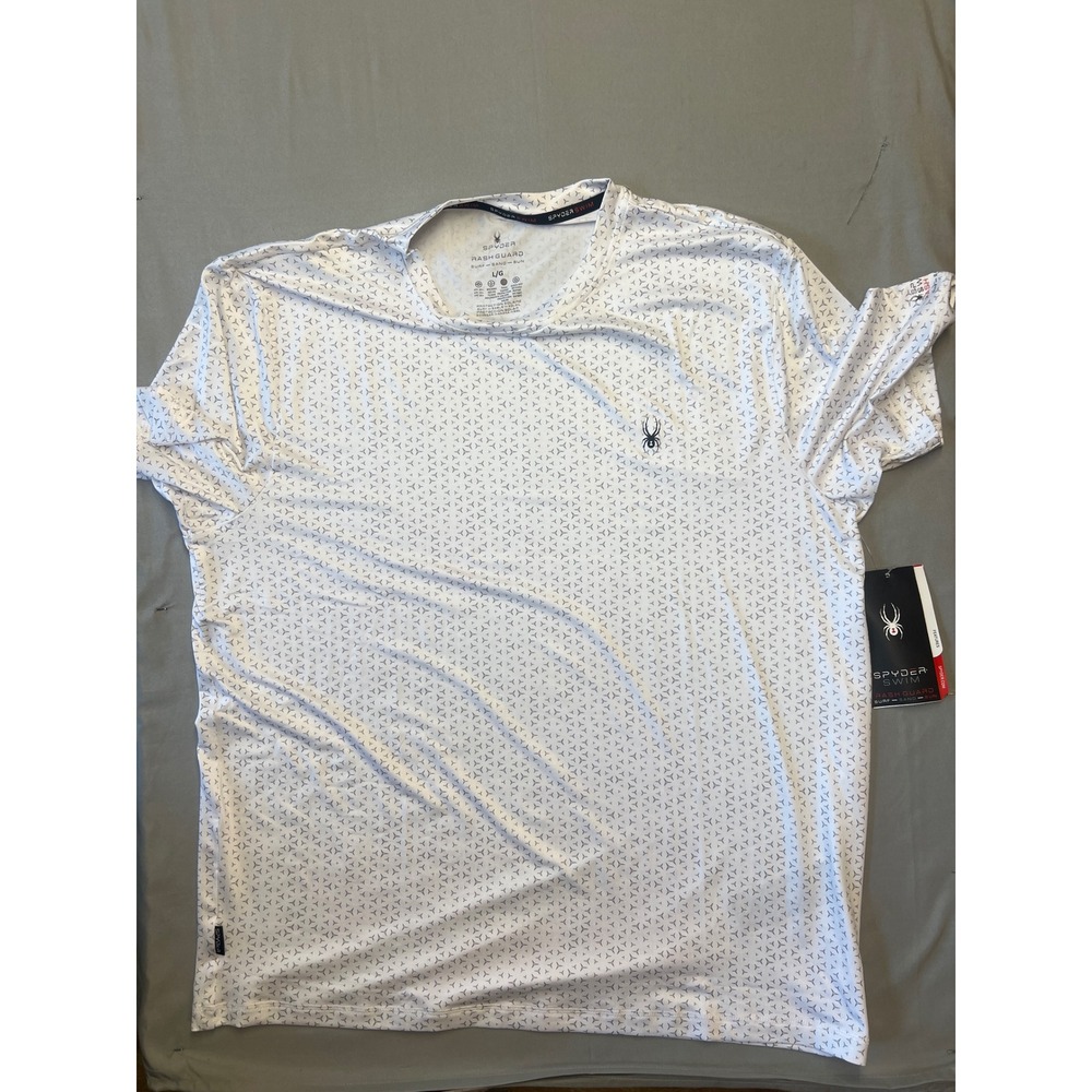 Spyder Swim Mens Rash Guard White Geometric Print UPF 30+ Short Sleeve Large